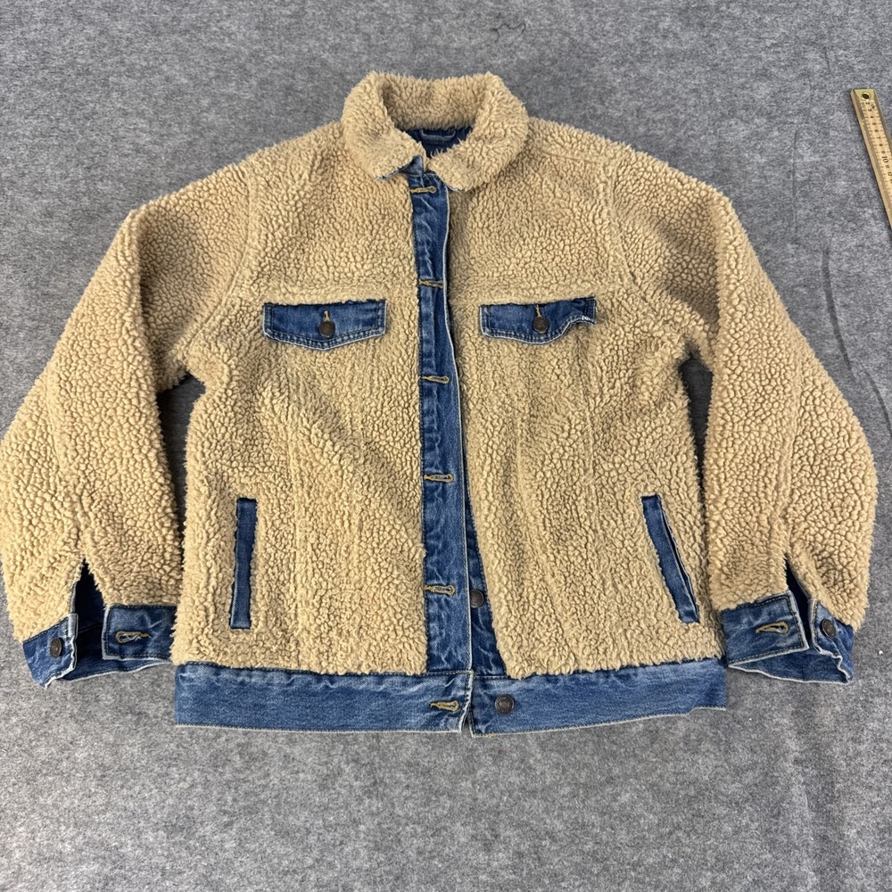 Forever 21 Jacket Mens Small Blue Sherpa Lined Denim Trucker Faux Fur Western